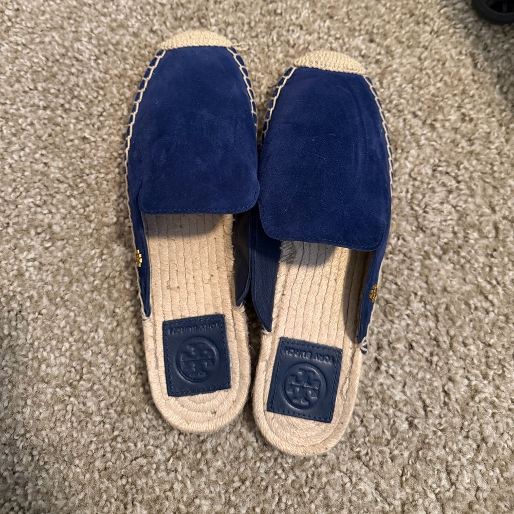 Tory Burch Navy Suede Espadrille Slide Mules
